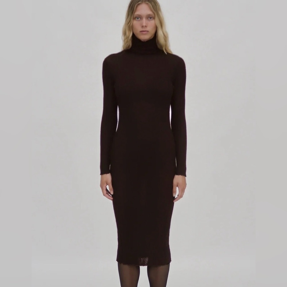 Women’s Long Sleeve baby Alpaca Plisse Turtleneck Dress - Dark Brown-Never Worn